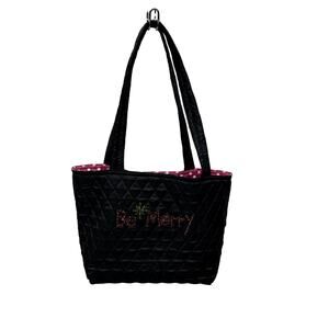 Quacker Factory Black Quilted Be Merry Christmas Festive Beading Tote Pink Polka
